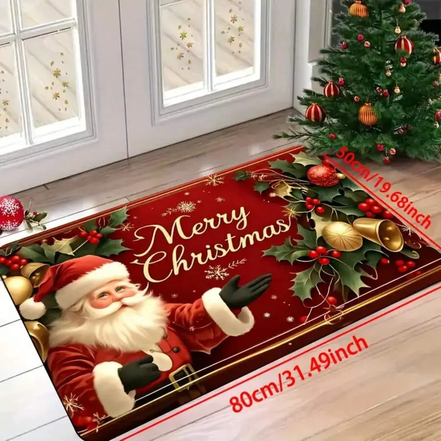 Flannel Floor Mat 1pc Rectangular Christmas Door Mat With Santa Claus & Golden Lettering - Red & Golden Indoor Entry Mat, Washable Holiday Decor Mat For Front Door, Living Room, Bedroom, Suitable For Laundry, Bathroom, Kitchen - Easy-Clean Indoor Mat