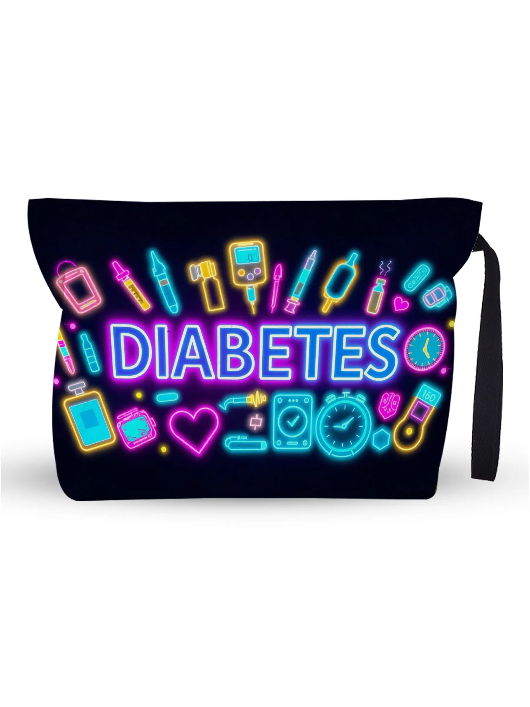 "Diabetes" Neon Medical Organizer Pouch - Large Capacity Travel Toiletry Bag, Portable Toiletry Bag with Wrist Strap & Lining, Practical Gift for Diabetics - Great for Awareness Occasions, Christmas, Birthdays, Holding Glucose Meter, Test Strips