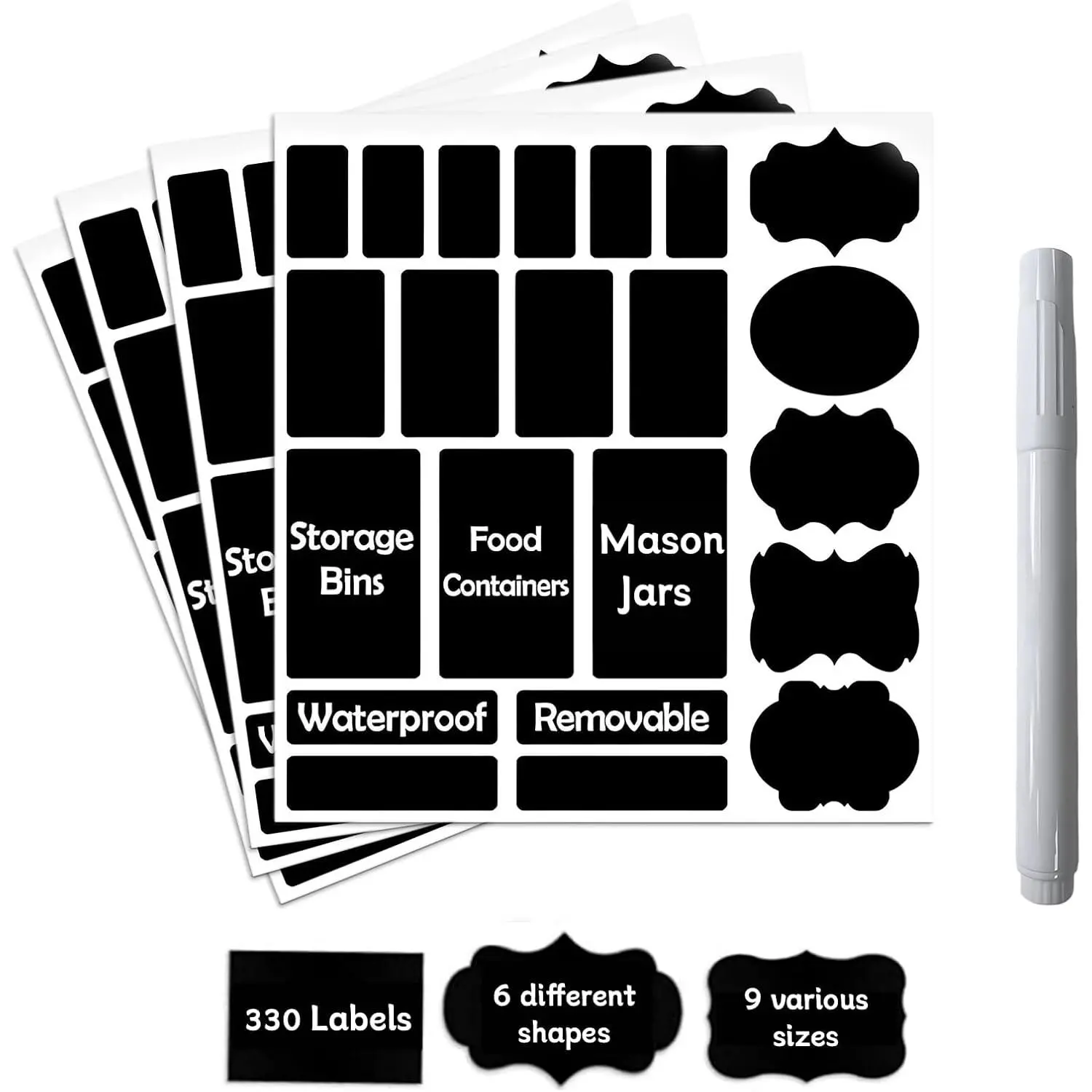 330-Count Chalkboard Labels Stickers for Jars, Containers & Smooth Surface Use - Office Stationery Labeling Supplies with 1 Erasable Chalk Marker (Black)