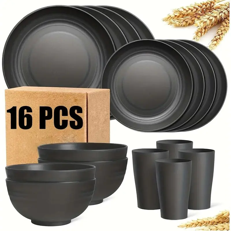 16PCS Wheat Straw Dinnerware Sets,Dishes Set Service for 4,Kitchen Plates and Bowls Set Unbreakable Modern Dish Set Plate/Dessert Plate/Cereal Bowl/Cup, Lightweight (Black, 16pcs)