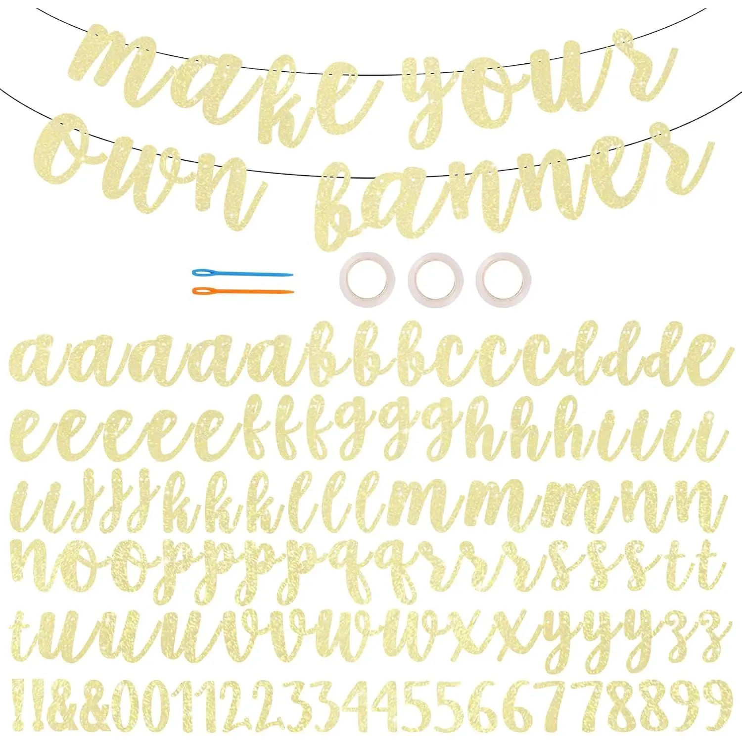 116 PCS A-Z DIY Letter Banner Kit Make Your Own Banner,Including 111 Letters and Numbers 3 Rope and 2 Threading Device,Customized for Birthday Graduation Wedding Party Decor Glitter Yellow