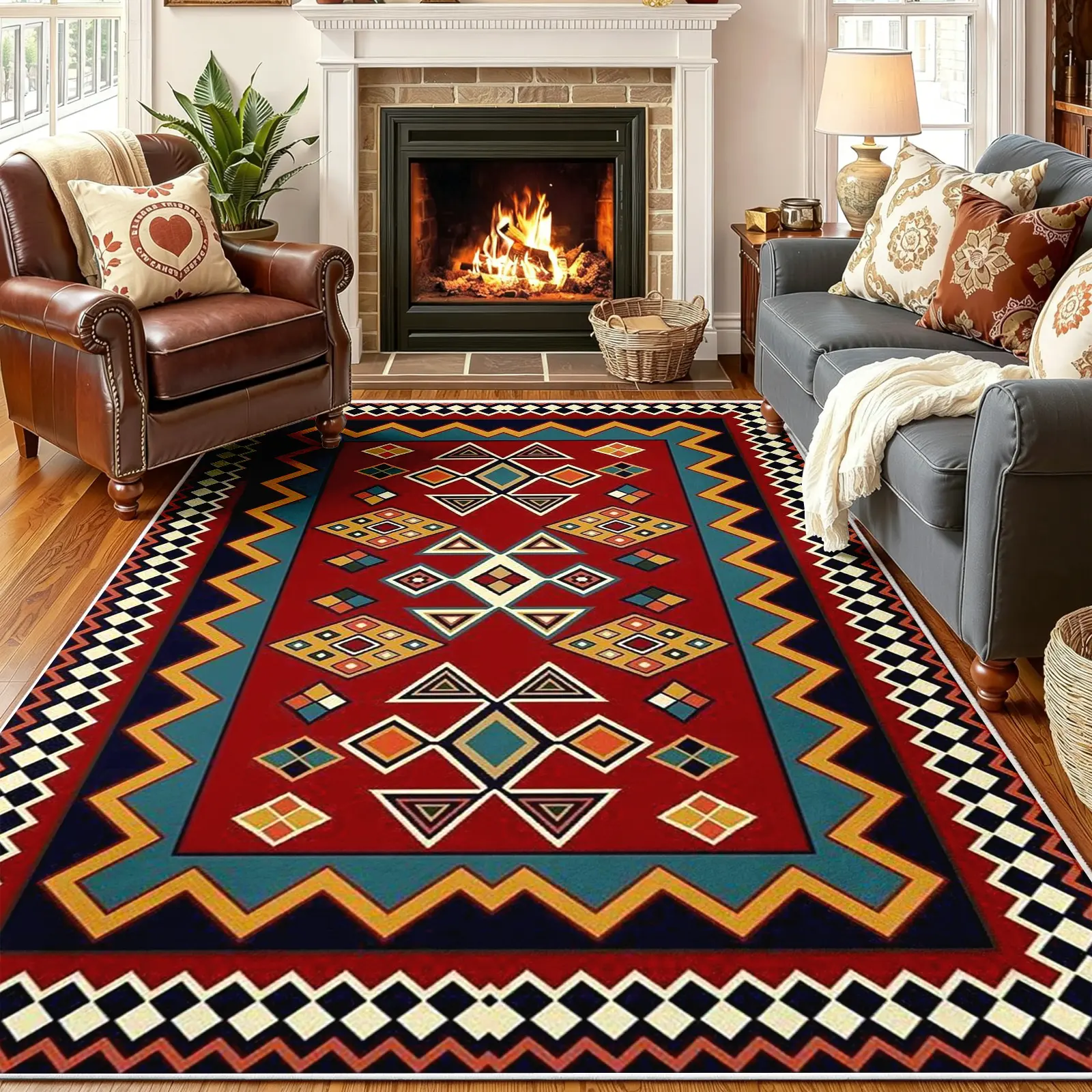 Tribal Geometric Area Rug, Red Center with Yellow & Navy Zigzag Frames and Diamond Motif Grid, Non-Slip Washable Carpet, Soft Durable Floor Mat, Aesthetic Rugs for Living Room Cabin Decor, 8 x 10 ft Area Rugs