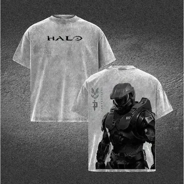 Halo Master Chief Double Printed Acid Washed Tee Vintage Gaming Graphic T Shirt Oversized Loose Fit Soft Cotton Short Sleeve Crew Neck Retro Streetwear Lightweight Casual Daily Wear Trendy Gamer Top Holiday Gift for Men Women