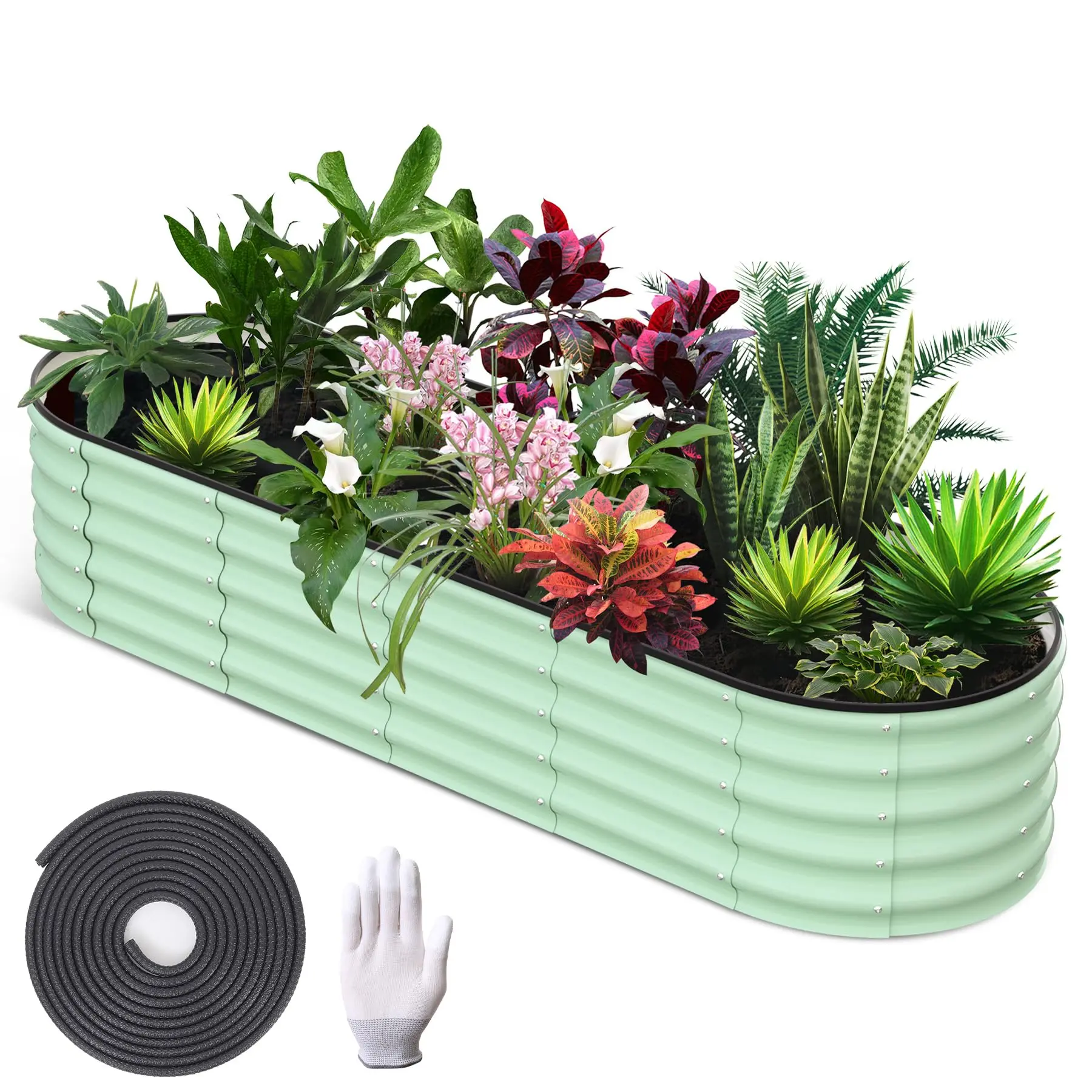 GARVEEGalvanized Oval and Round Raised Garden Beds with Open Base and Tool-Free Assembly, Available in Various Sizes and Colors (Green, White), Ideal for Outdoor Vegetables & Flowers