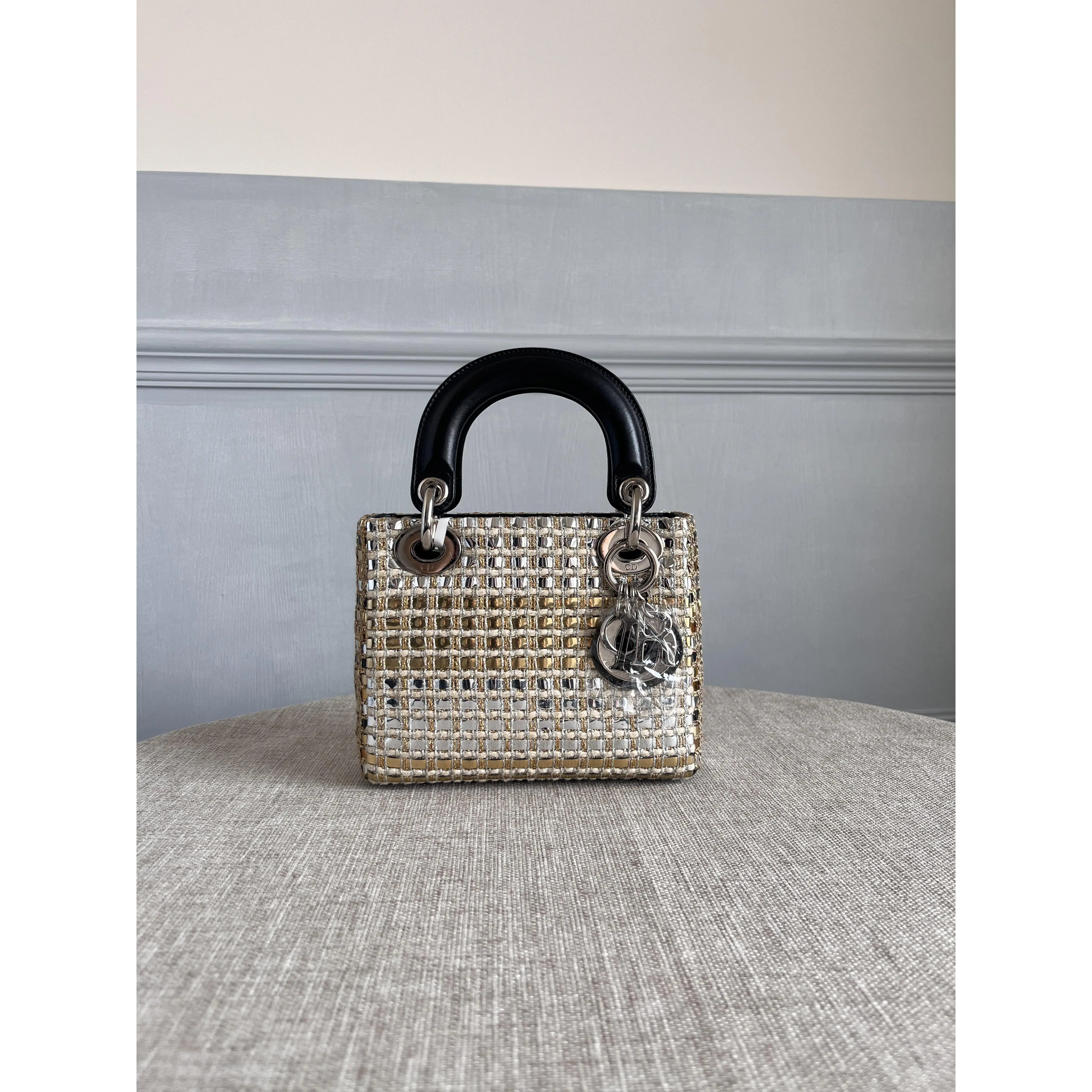 Pre-owned Dior Authentic Christian Mini Lady Bag Gold Silver Metallic Sequin Woven Tweed Black Leather Top Handles Silver Logo Charms Evening Handbag