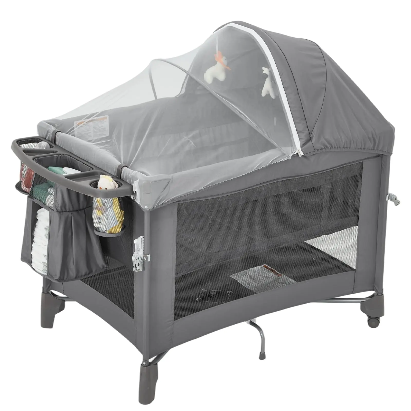 Garvee 5-in-1 Portable Baby Bassinet and Playpen – Bedside Sleeper Crib with Wheels, One-Push Setup, Diaper Changer, Comfy Mattress, Rotating Toy Bar, Insect Net – For Newborns, Infants & Toddlers