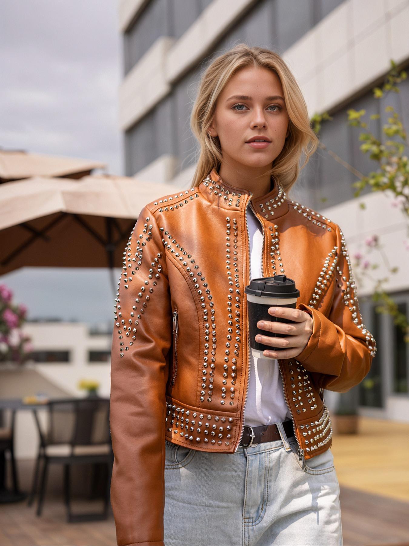 Women's Spring Autumn Jacket, Casual Fitted Long Sleeve, Vintage Stand Collar, Rivet Motorcycle Jacket with Zipper Pockets