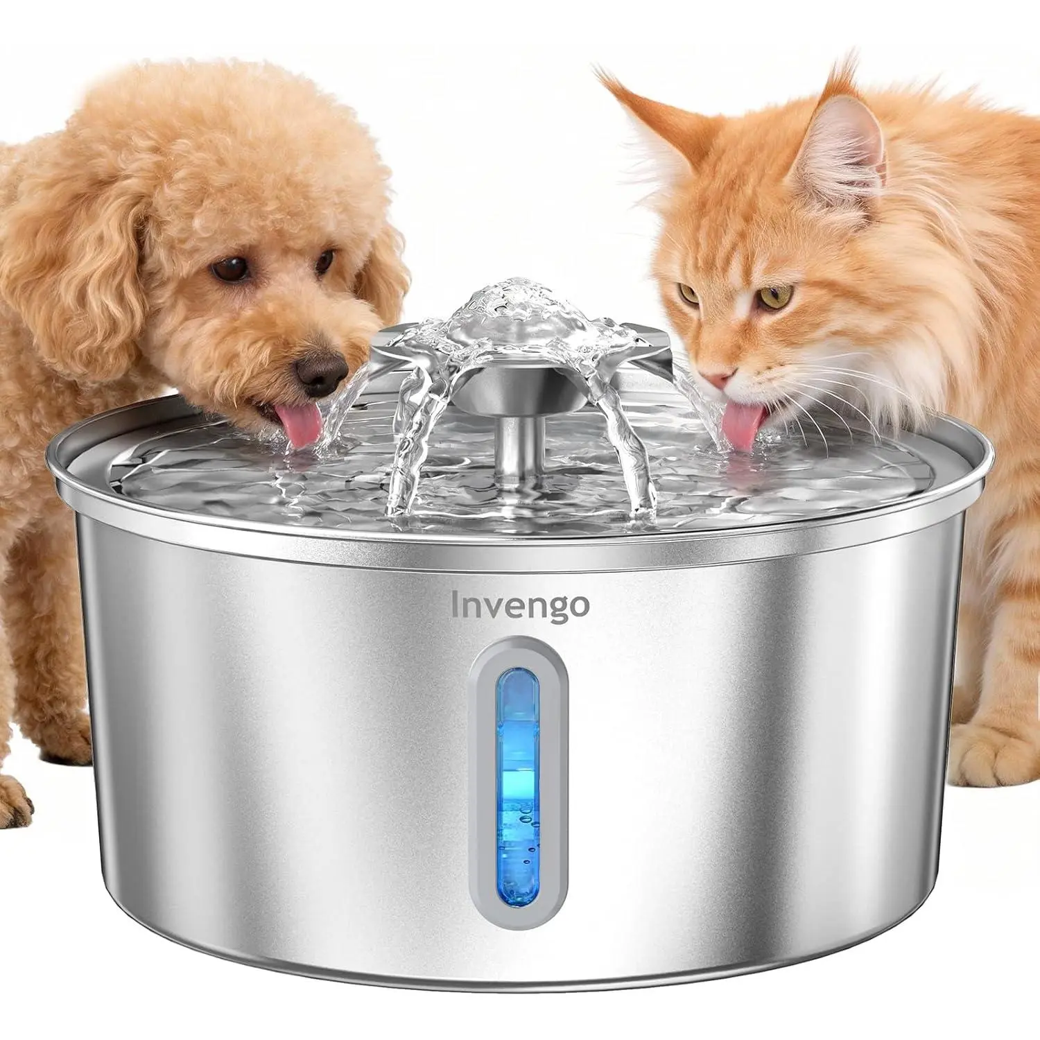 Stainless Steel Cat Water Fountain 3.2L/108oz, Ultra-Quiet <25 dB Pump Automatic Pet Feeder for Cats & Dogs, LED Water Level Window, 1 Replacement Filter, Easy-to-Clean, Gravity Tank/Bowl, Slobber Stopper Medium Dispenser Portable drinking  Water Bowl