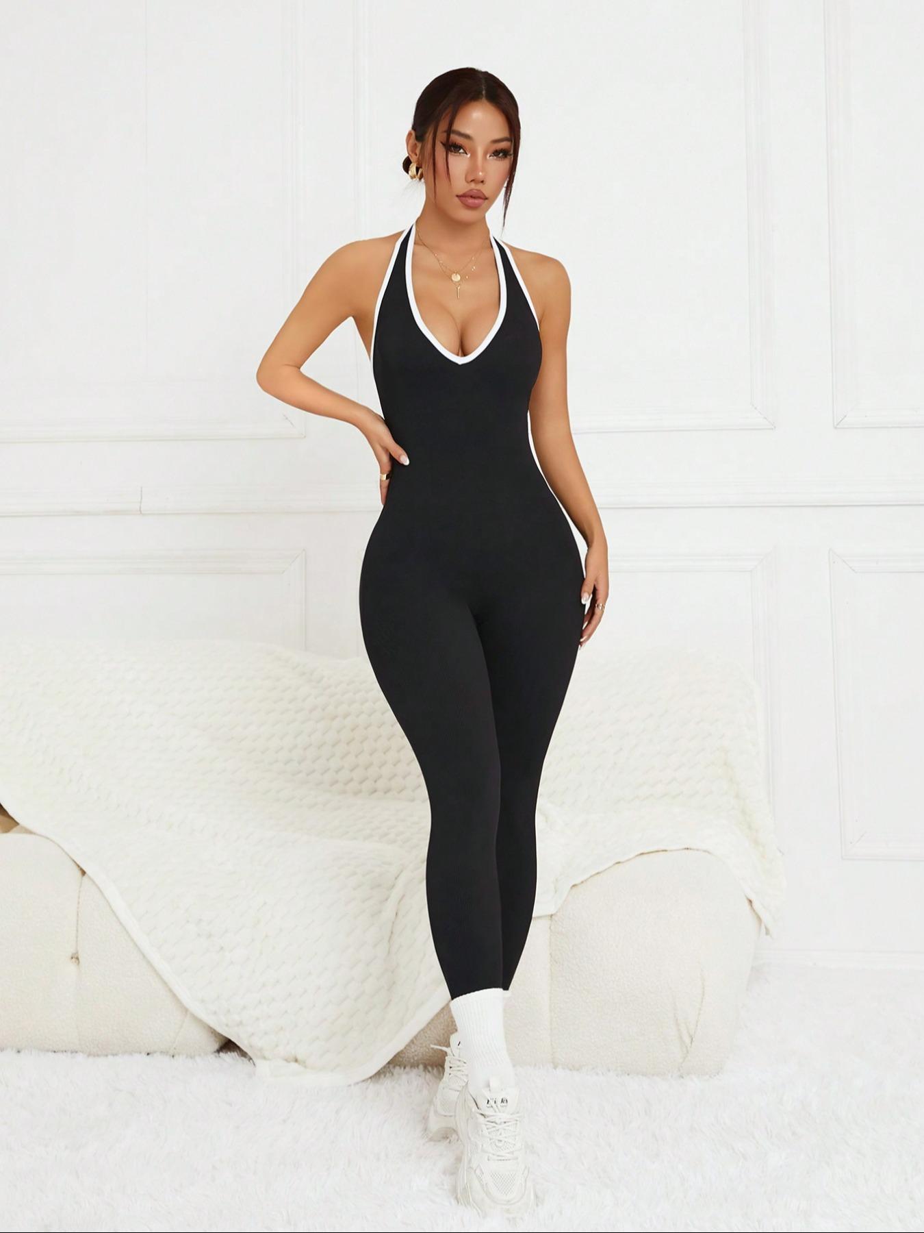 Women's Solid Color Contrast Trim Halter Neck Sports Bodysuit, Slim-fitting Casual Sporty Breathable Comfortable Ruched Backless Sleeveless Jumpsuit for Yoga Gym Workout, Ladies Sportswear for All Seasons, Sporty Comfy Jumpsuit