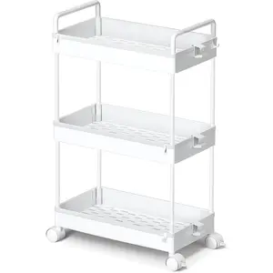 3 Tier Slim Rolling Storage Cart with Wheels Plastic Utility Cart Organizer for Snack Craft Art Postpartum Baby Diaper Nail Makeup in Bathroom Laundry Room Kitchen Bedside Narrow Space, White