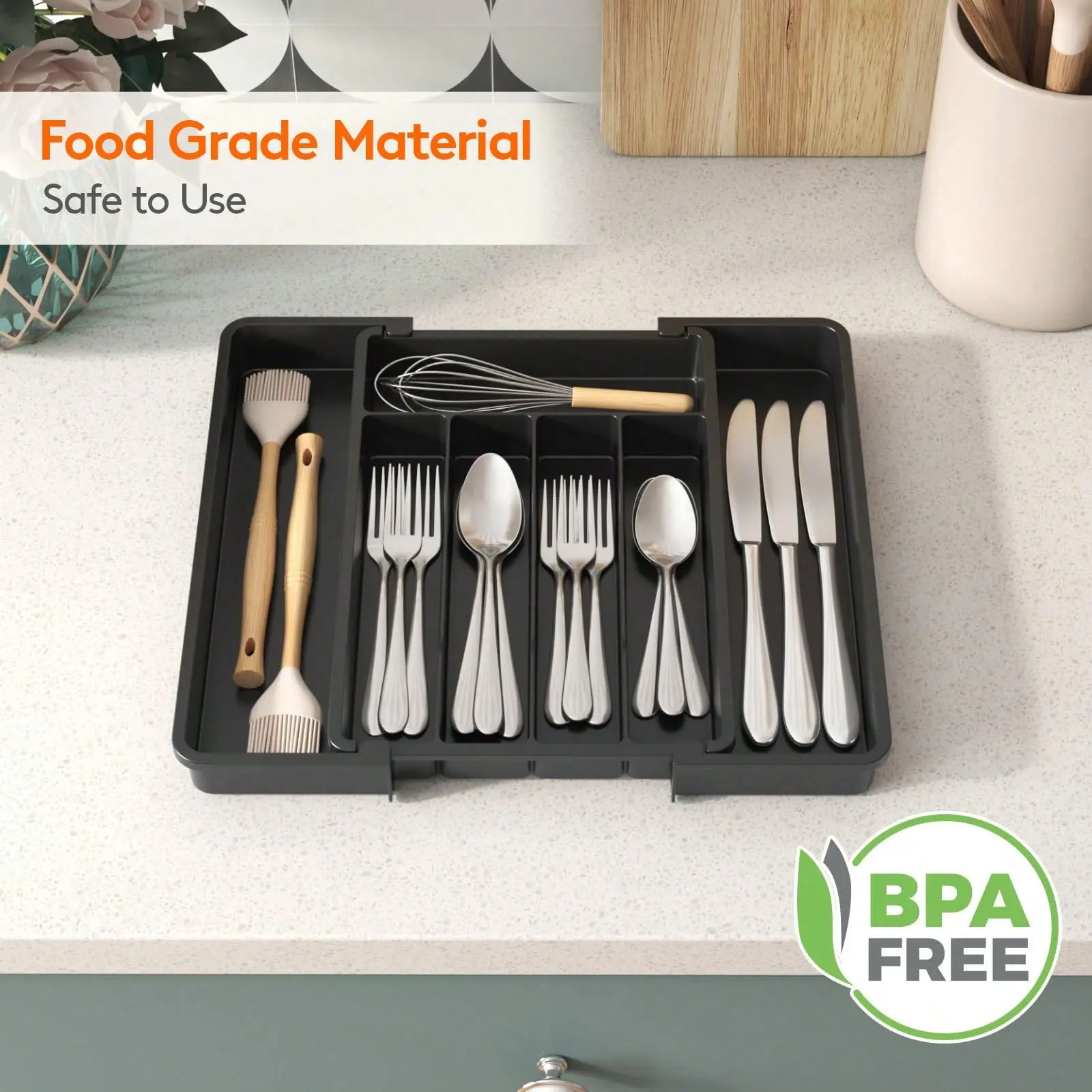 Silverware Drawer Organizer, Expandable Utensil Tray for Kitchen,  Flatware and Cutlery Holder, Adjustable Plastic Storage for Spoons Forks Knives, 33 -57 x 42cm, Black