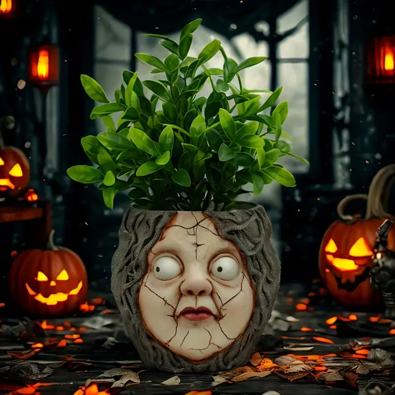 Creepy Doll Head Flower Pot, Halloween Horror Face Planter, Resin Garden Planters Statue for Patio Yard Decor, Spooky Party Decoration, Creative Gift for Horror Fans