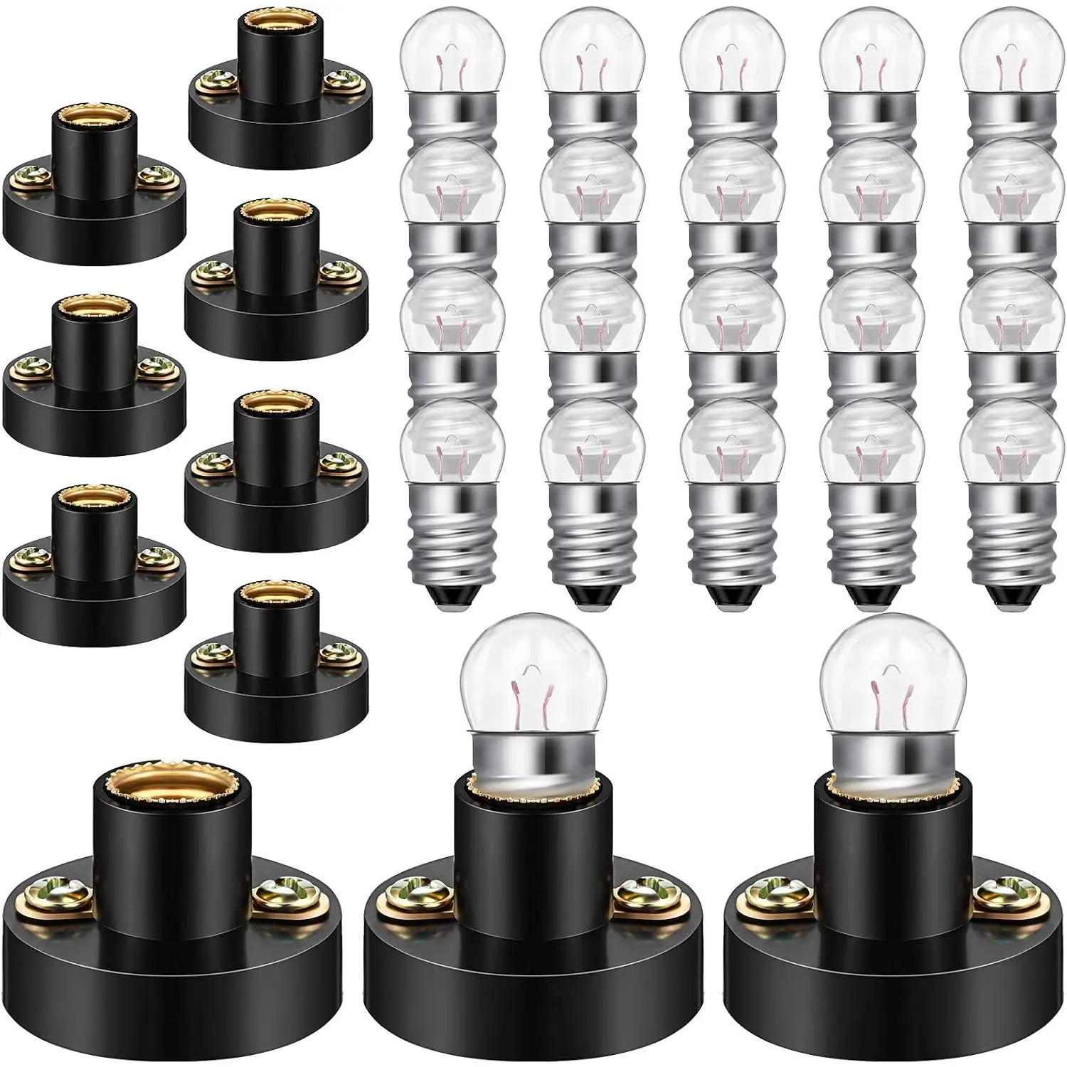 30 count E10 Screw Mini Bulbs Warm White Light and E10 Mini Screw Type Bulb Socket Black Plastic Bulbs Holder for Student Experiment Lighting DIY Accessories, 1.5V, 0.3A