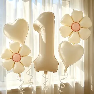 32inch Cream White Number Balloon 1 Digital Balloon with 18inch Daisy Balloons and heart balloons with ribbon total 6pcs for birthday anniversary wedding bridal shower graduation party decorations