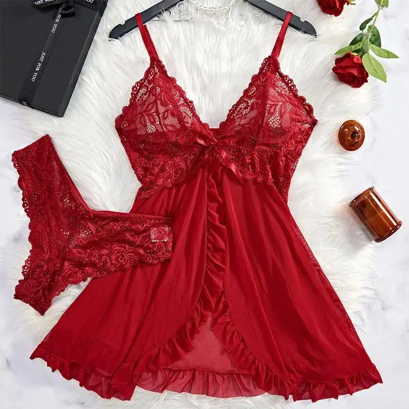 Women's Sexy Floral Lace Babydoll Nightdress - Sheer Mesh Lingerie Sleepwear, Transparent Cute Top, Size S