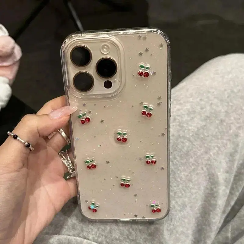 Luxury Glitter Diamond 3D Cherry Sequins Phone Case For iPhone 17 16 15 14 13 12 11 Pro Max X 7 8 Plus Stylish Clear Epoxy Cover