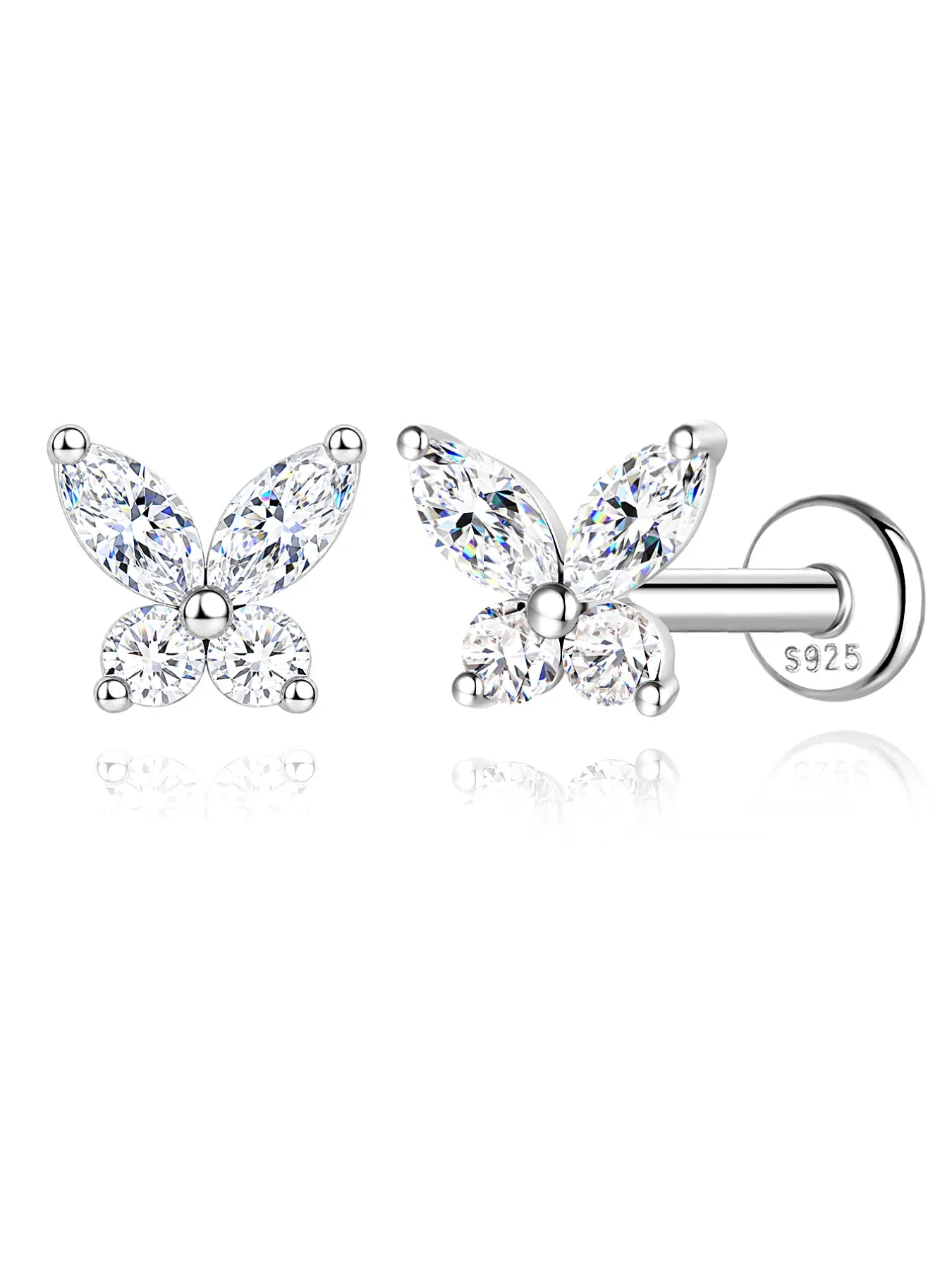 VORA 18K Gold Plated S925 Sterling Silver D Color VVS Synthetic Diamond Moissanite Flatback Stud Earring | Sparkly Butterfly Patchwork Cartilage Helix Piercing | 100% Waterproof Perfect Holiday Gift