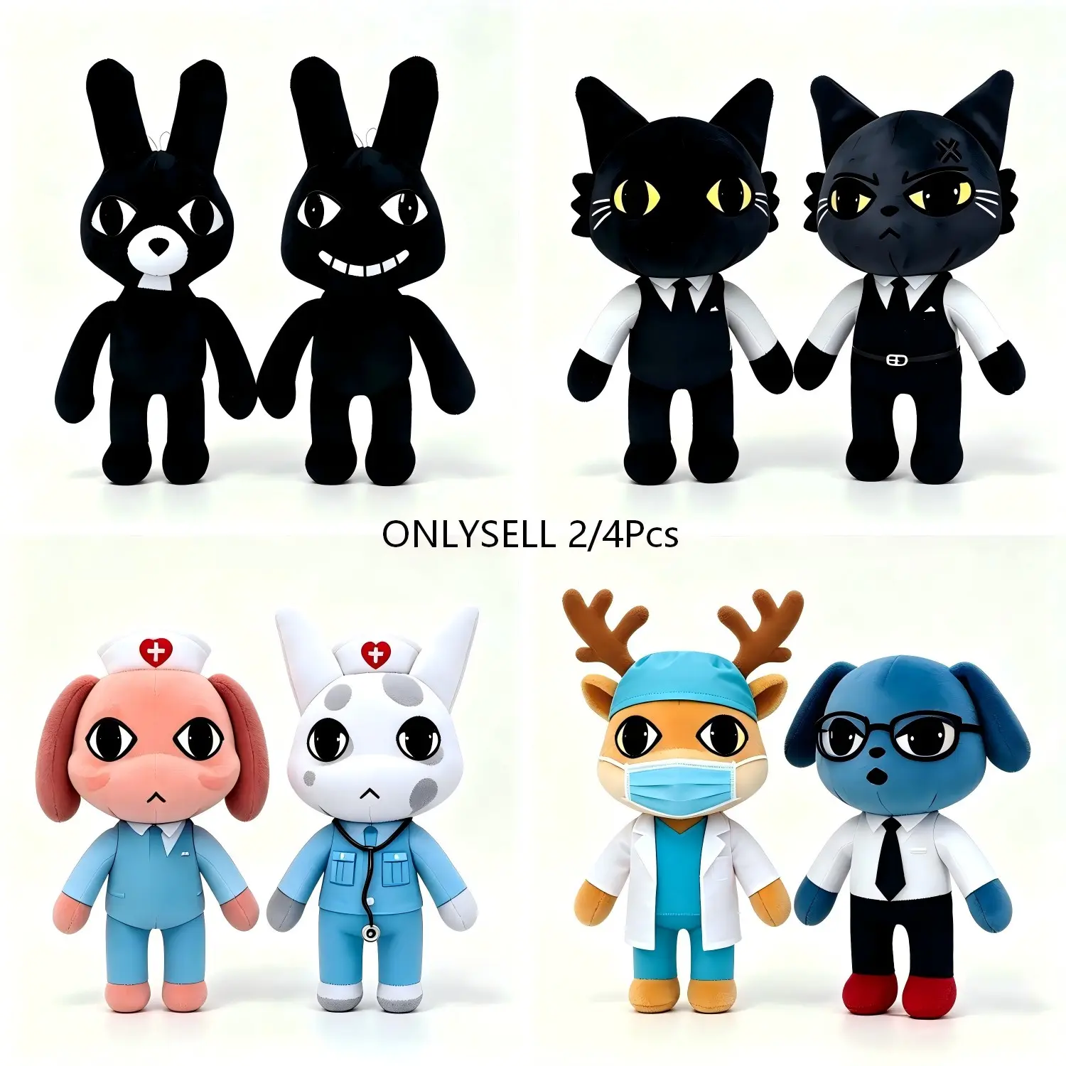 2/4Pcs Animal Hospital Plush, Horror Animal Hospital Stuffed Toys. Include Big Mouth Monster, Deer Doctor, Black Cat in Suit, Alien Cat, Dog Doctor. Realistic Shaped Pet Plush Toys for Daily Pet Entertainment.