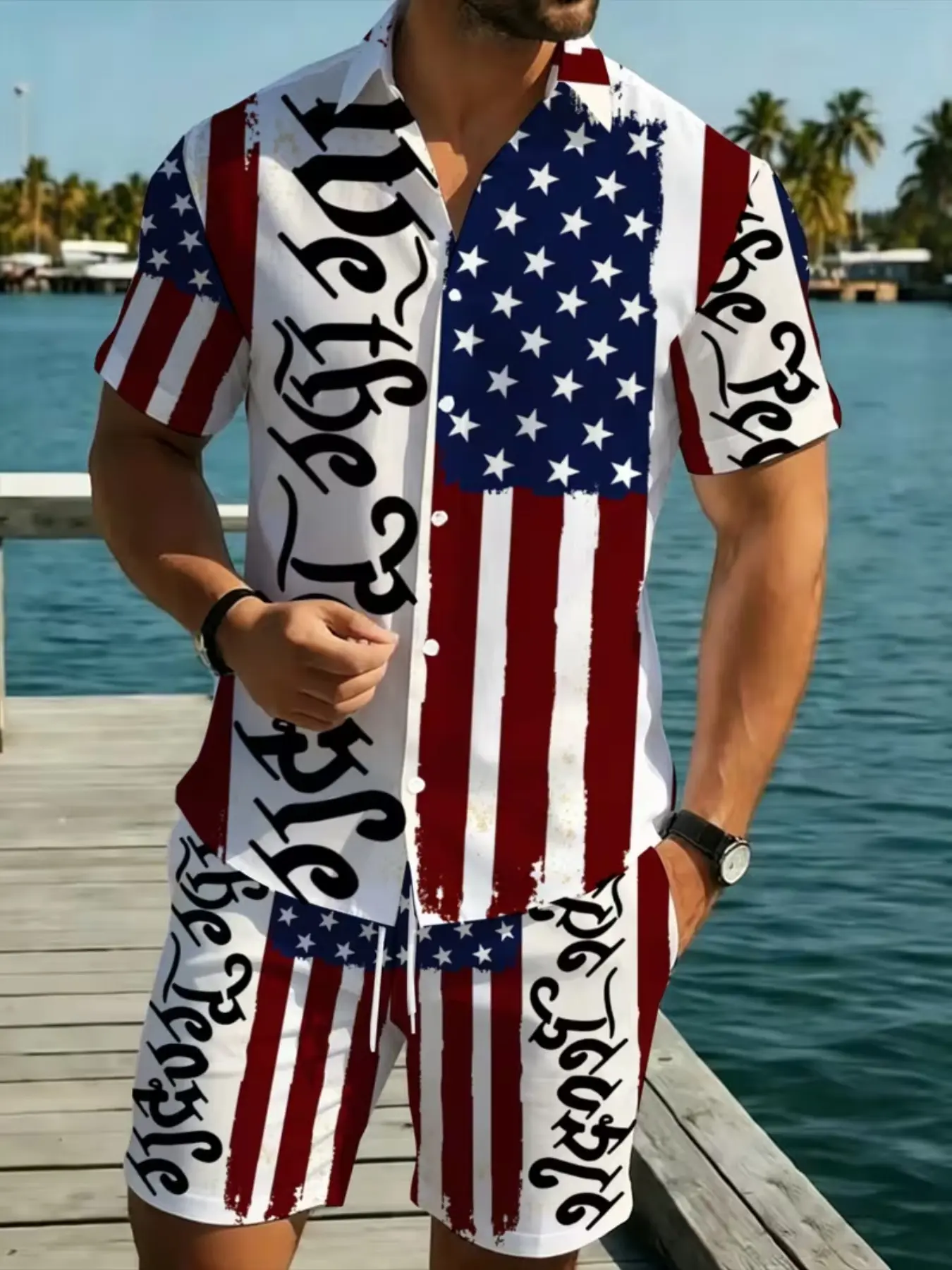 Men's American Flag Print Short Sleeve Shirt Set, Casual Collared Top, Summer Beach Vacation Wear, Fitted H-Type Silhouette, Menswear