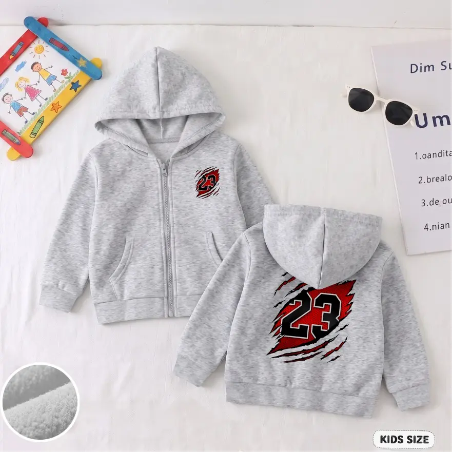Kids’ No.23 Graphic Zip-Up Hoodie, Casual Long Sleeve Hooded Jacket with Front Pockets and Back Print, Everyday Outerwear for School, Travel, Outdoor Play and Weekend Wear