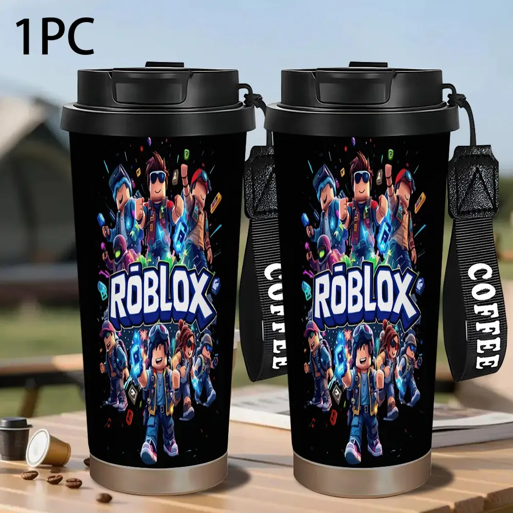 1pc 18oz Stainless Steel Insulated Travel Coffee Mug With Lanyard, Roblox Game Character Print Thermal Tumbler, 20oz Leak‑Proof Reusable Coffee Cup, Heat & Cold Preservation, Car Office Daily Use, Ideal Gift For Game Kids & Teens