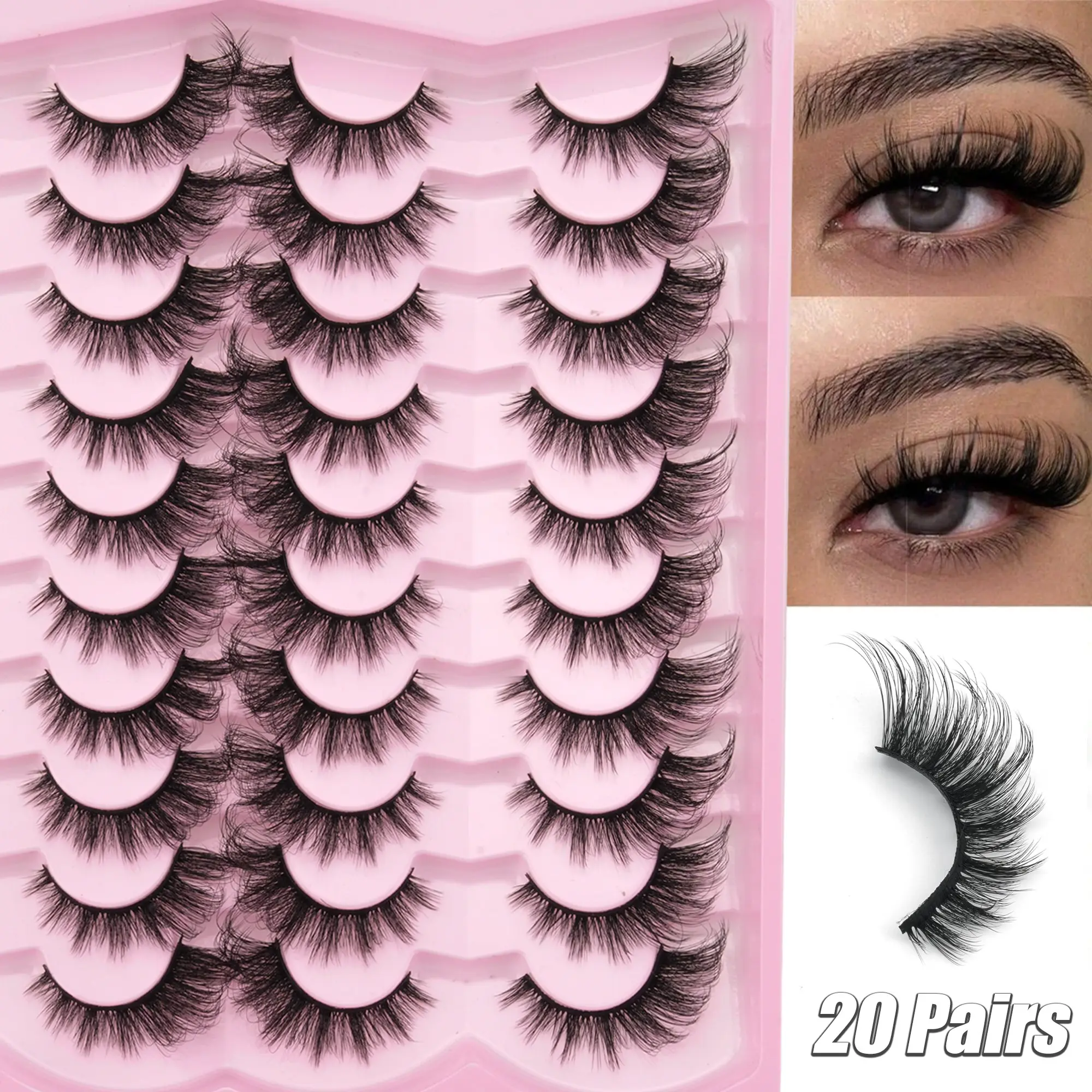 20 Pairs Natural 3D Voluminous False Eyelashes, Durable Band, Reusable, Easy Application, Perfect for Beginners, Daily, Parties, Concerts