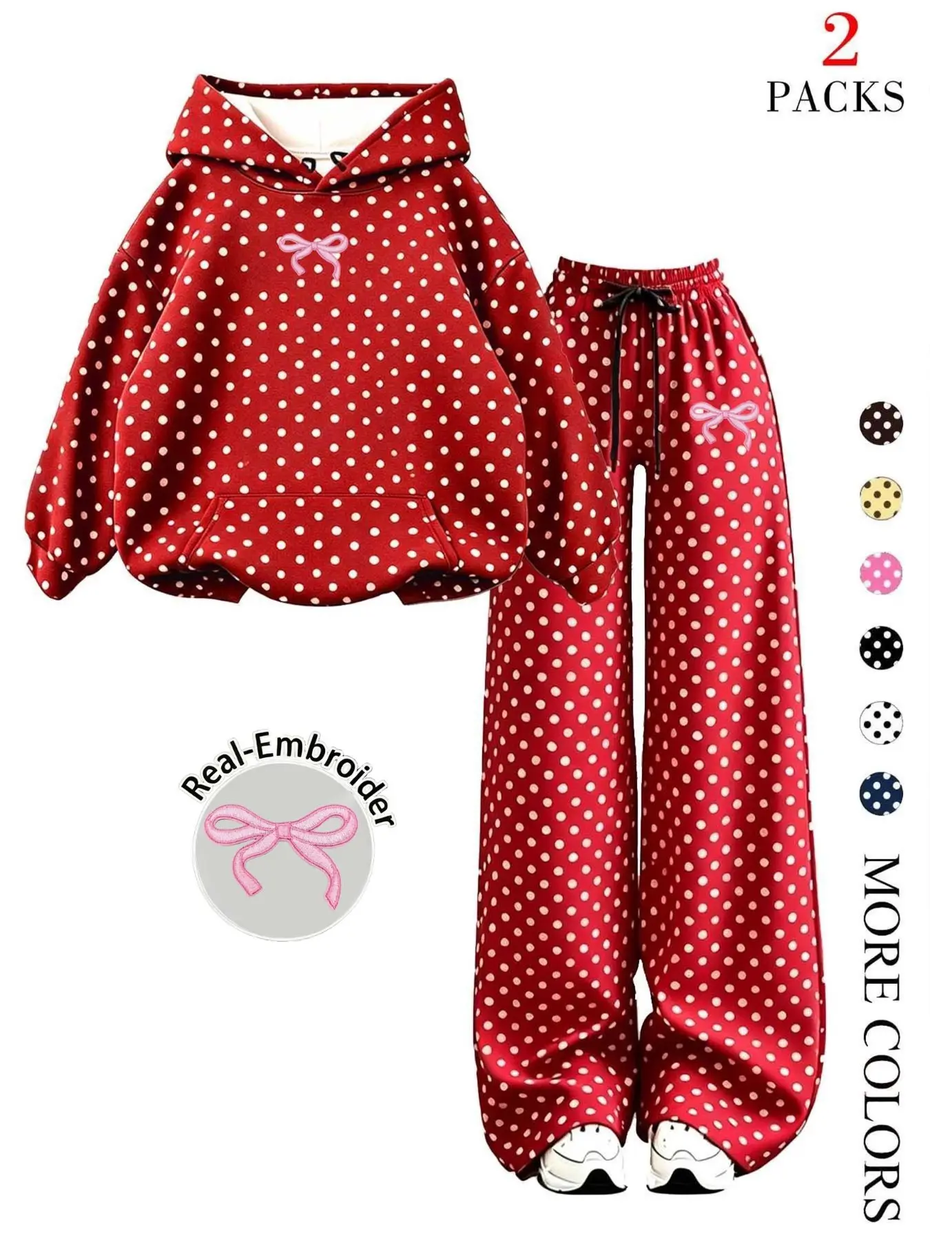 Sweet Home Set, Classic Polka Dot Print with Bow Embroidery, Loose-Fit Hoodie with Pocket, Elastic Waist Pants, Soft Fabric