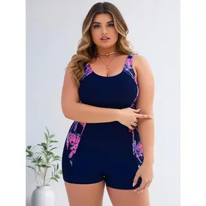 Plus Size 1pc Swimsuit for Women, Navy Blue Tropical Palm Print Sleeveless Boyleg Bathing Suit, Tummy Control Conservative Swimwear for Beach Vacation