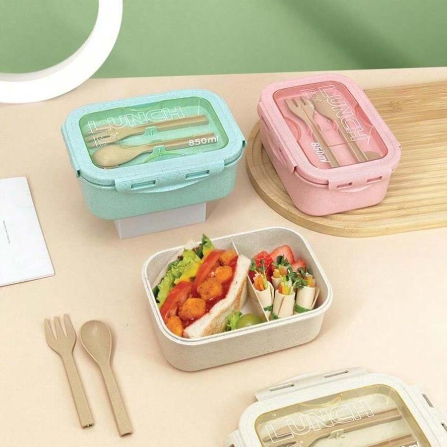 Lunch Box with Cutlery Set, 1 Set Reusable Double Grid Lunch Box with Spoon & Fork, Portable Lunch Container for Kitchen, Outdoor, Learning Supplies