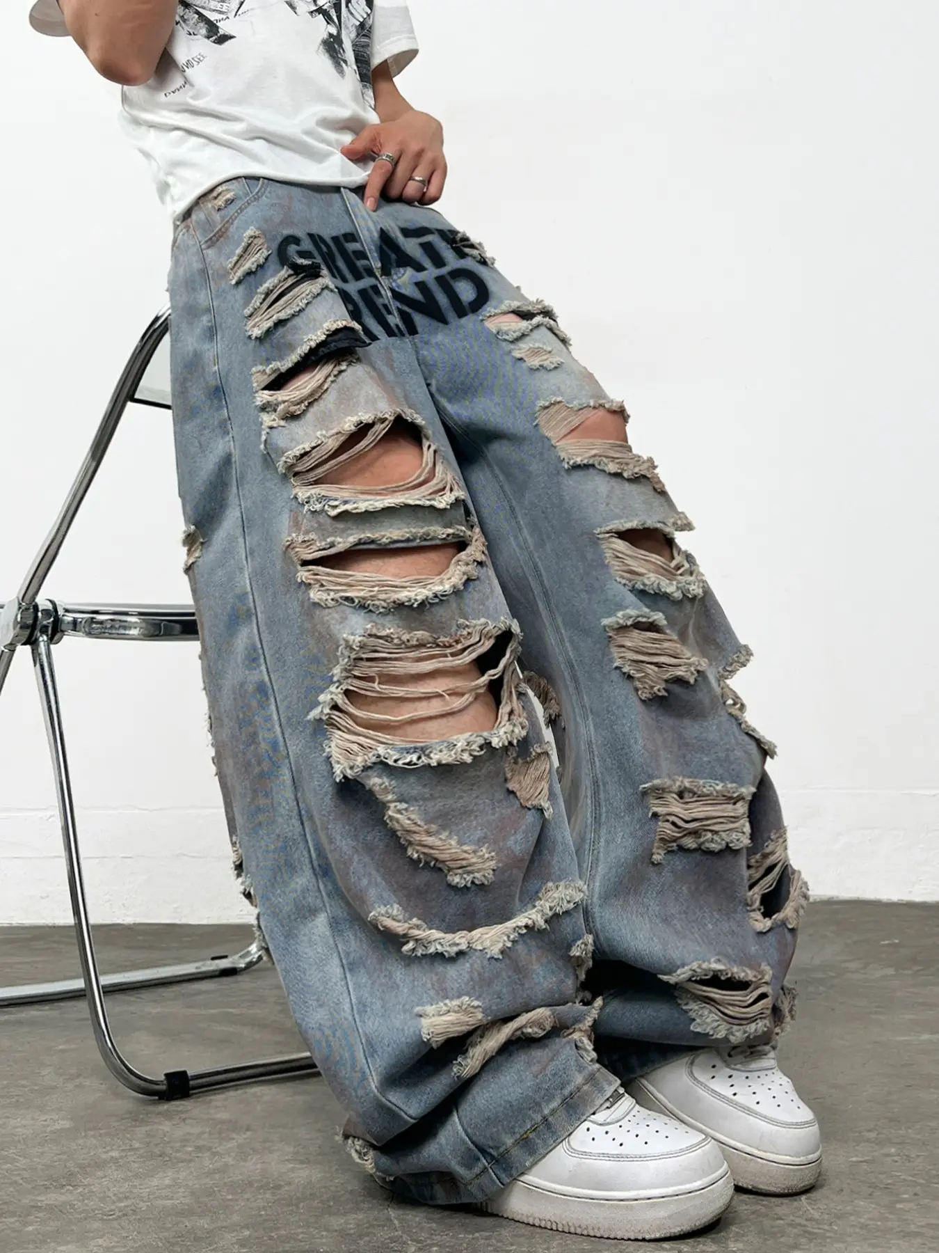 Men's Vintage Letter Print Loose-Fit Jeans, Y2K Street Style, Blue Wide-Leg Denim, All-Season Wear, Multiple Sizes Available