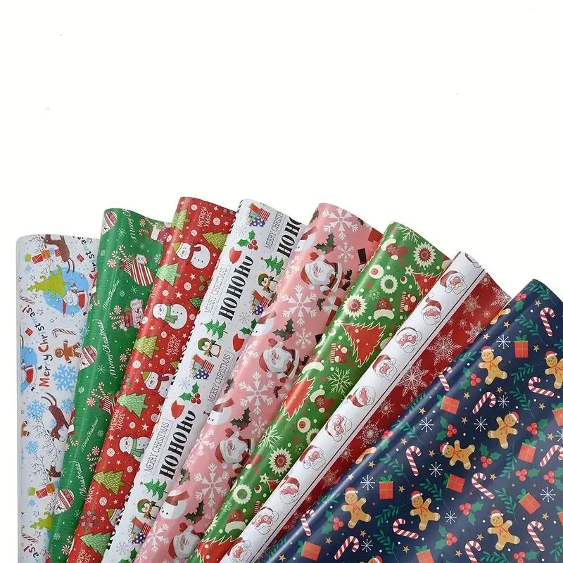 8-Piece Shiny Christmas Gift Wrapping Set, Dual-Layer Copper Paper Tape with Cartoon Santa & Tree Design, Festive Holiday Packaging Supplies, Creative Gift Packaging, Xmas Wrapping Paper
