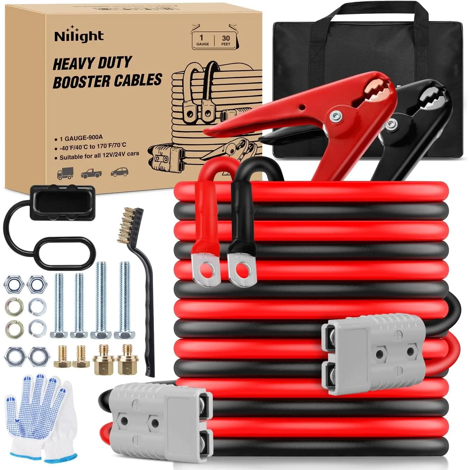 Nilight 1 Gauge 30 Feet Heavy Duty Jumper Cables 900 Amp Booster Battery Cables with Permanent Installation kit and Quick Connect Plug Includes Carrying Bag for 12V & 24V Cars SUVs and Trucks