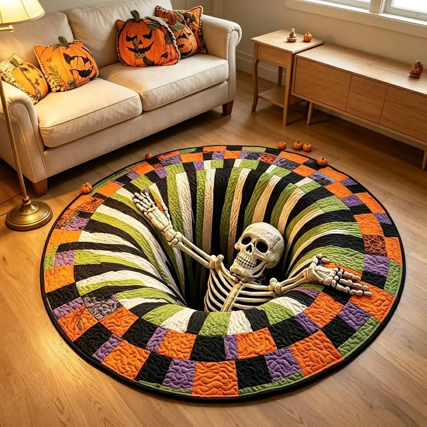 Halloween Round Rug 3D Skeleton Vortex Quilted Illusion Mat,A1:16"| Soft non-slip fabric indoor round decor.Perfect for living room, kitchen or bathroom.Features a spooky depth pattern.