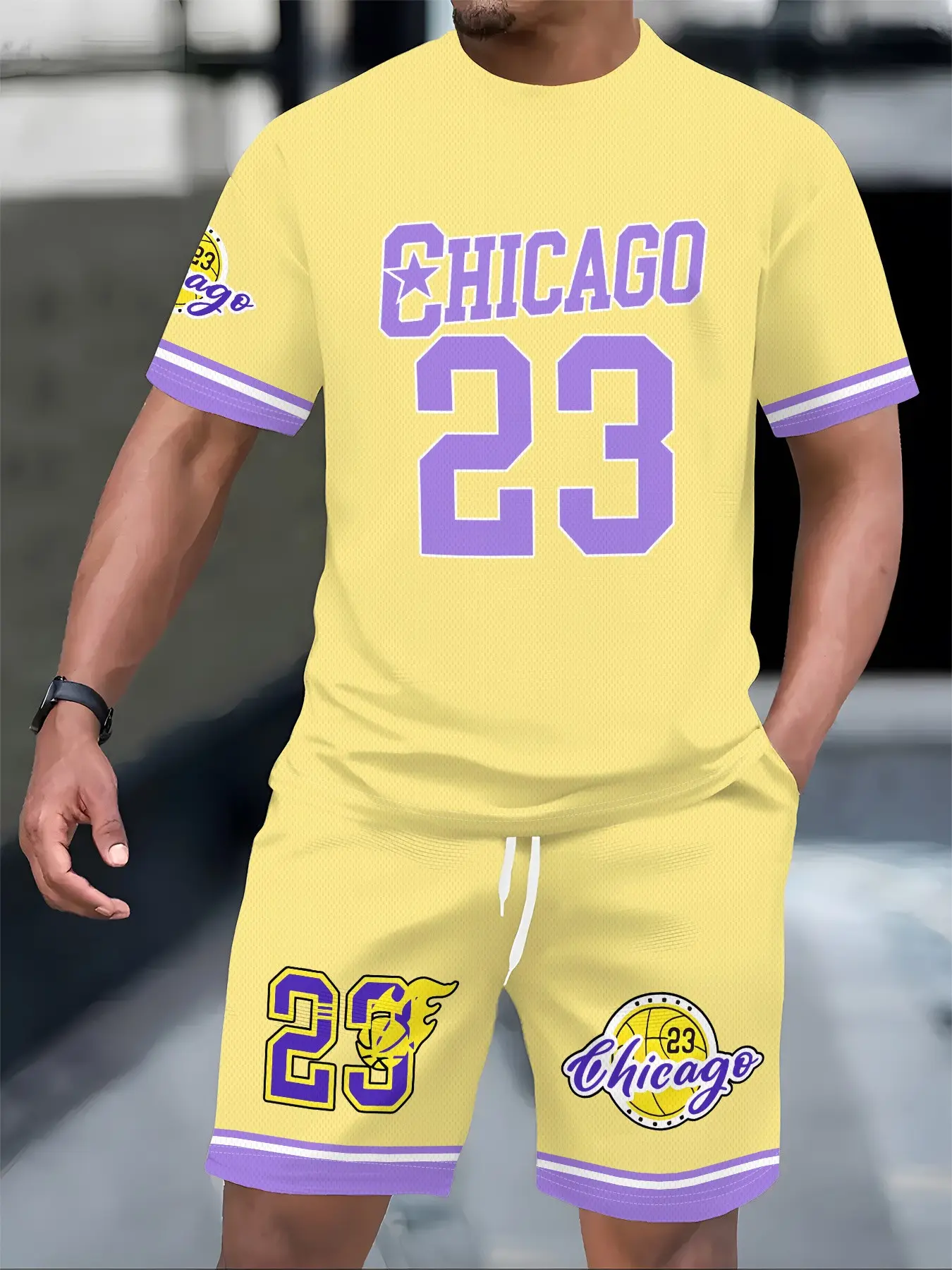Men Retro Chicago 23 Basketball Tracksuit, Sporty Street Outfit For NYC City Parade & Miami Summer Skate Camp, Viral Mens Hip Hop Sport 2Pcs Suit Sports Set