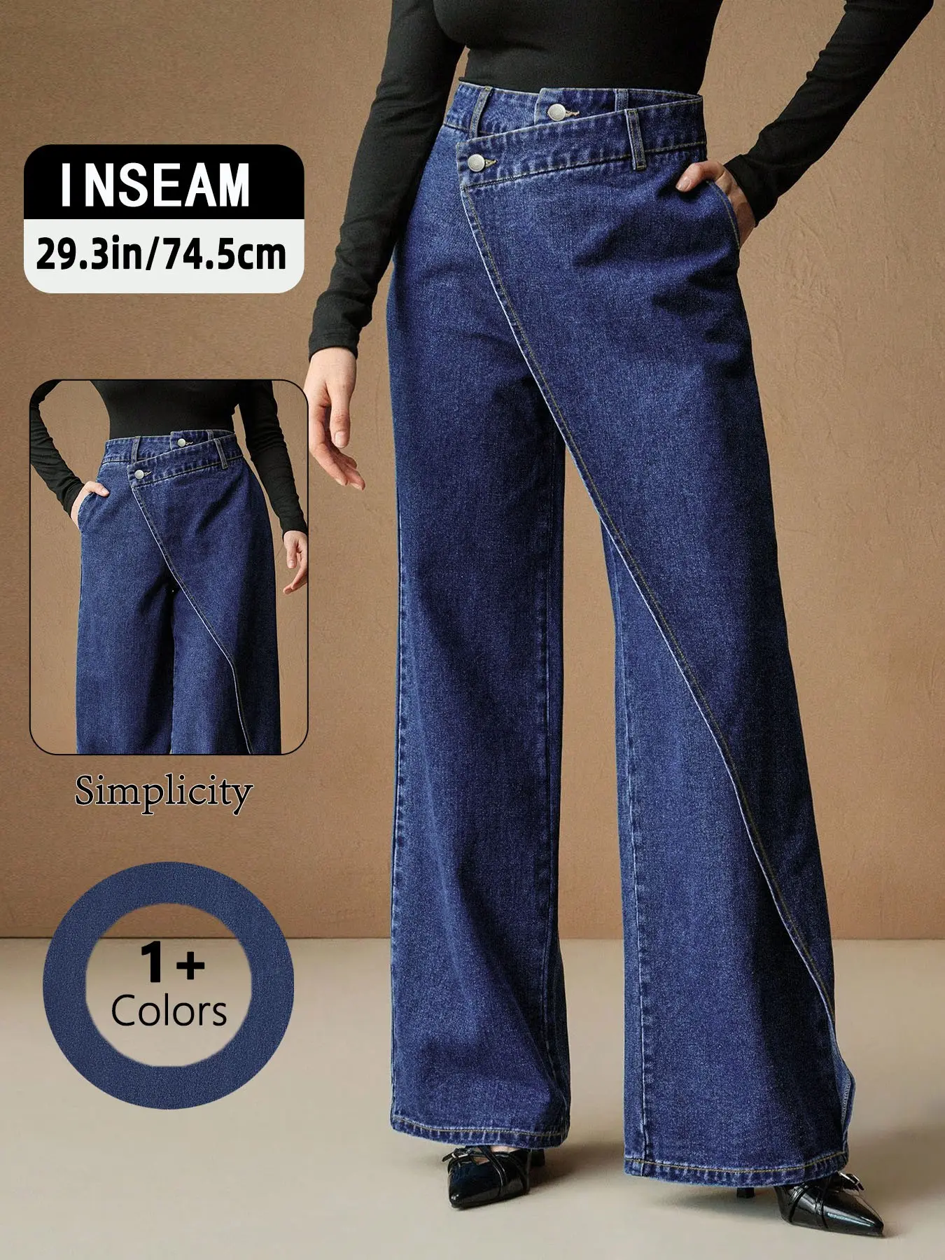 Lkuily Women's Vintage Wash Double Side Fringed High Waist Fla Dark Blue Washed High Waist Wide Leg Jeans, Asymmetric Cross Wrap Waistband Loose Fit Denim Pants with Pockets, Vintage Chic, Aesthetic Business Office Daily Wear Trousers for Women