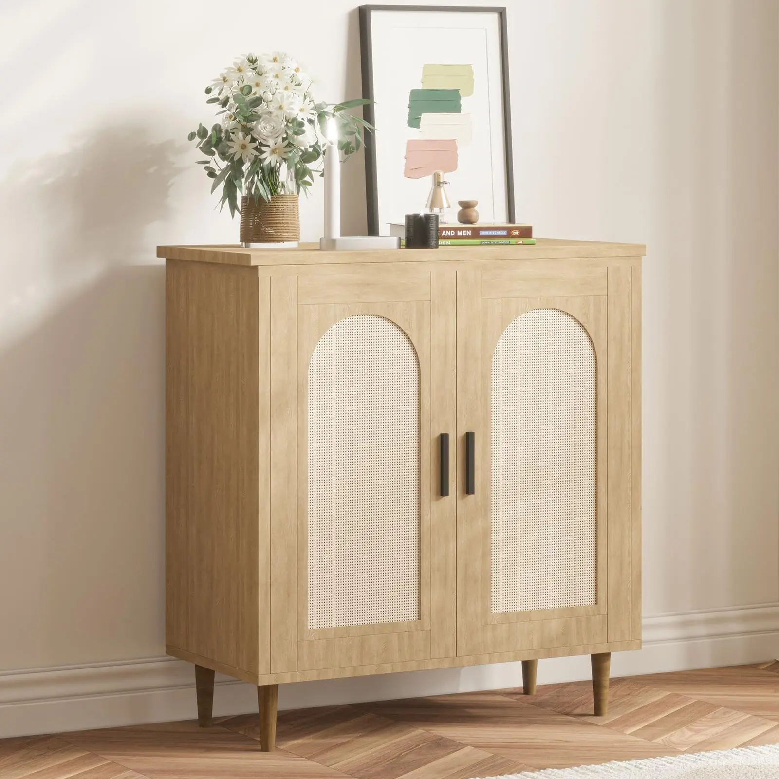 Rattan Entryway Storage Cabinet - Slim Profile, Clever Storage, Adjustable Shelves, Sturdy Wood Legs, Wall Mount, Charging Hub, Easy Assembly, Compact Modern Accent Console with Anti-Tip Kit for Entryway, Living Room, Dining Room, Sideboard Cabinet