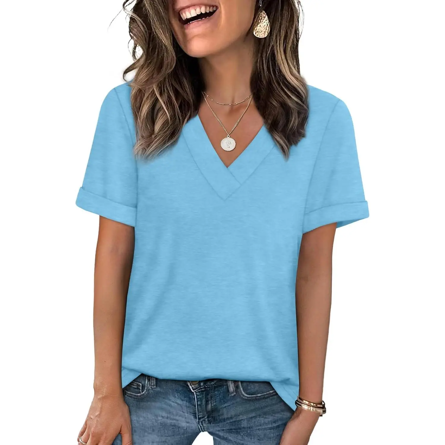Womens Summer Tops Short Sleeve Basic Casual V Neck T Shirts Trendy Fashion 2026