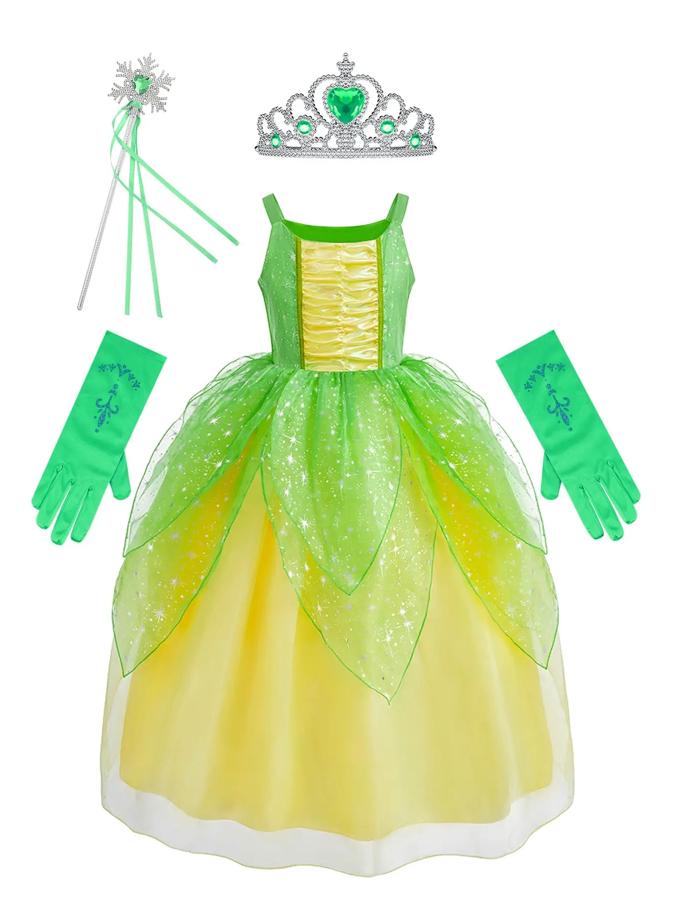 Girls Yellow Green Gradient Leaf Tulle Princess Spaghetti Strap Ball Gown, Ruched Bodice Star Sequin Sheer Dress, Complete Cosplay Set with Tiara Snowflake Wand Embroidery Gloves for Halloween Party, Costume For Parties