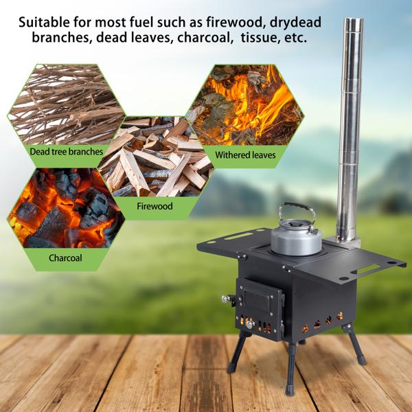 Portable Wood Burning Stove for Tent & Camping, Carbon Steel Folding Heater with 3 Chimney Pipes & Fire Blanket for Ice Fishing, Hunting & Cooking