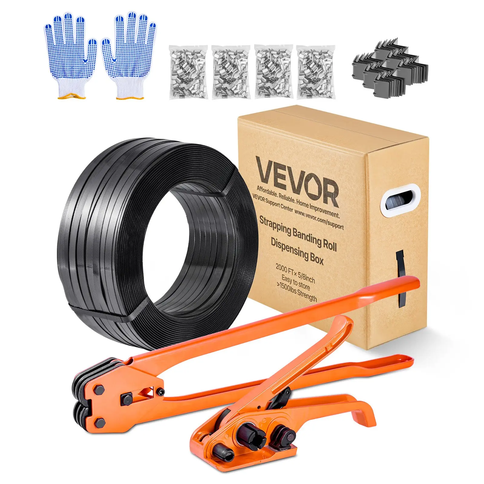 【Summerfinds】Heavy-Duty VEVOR Banding Strapping Kit with Extended Handle, 2000 ft PET Band (0.85 mm Thickness), 600 Metal Seals, 200 Corner Protectors, Plastic Pallet Packaging Tool for Warehouse, Logistics
