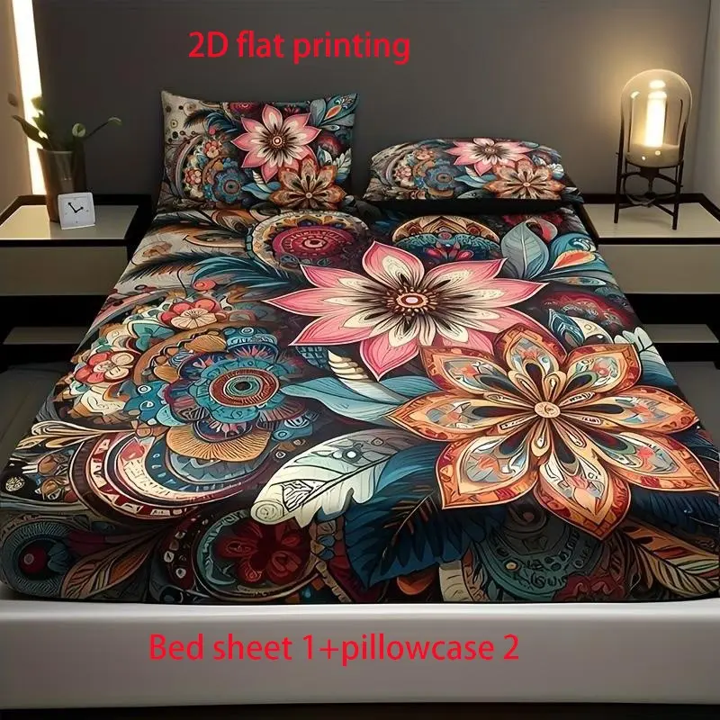 3PCS Bohemian Mandala Flower Bed Sheet Set (1 bed sheet+2 pillowcases) without pillow core, high-definition printed for home and dormitory use, Bedding Set