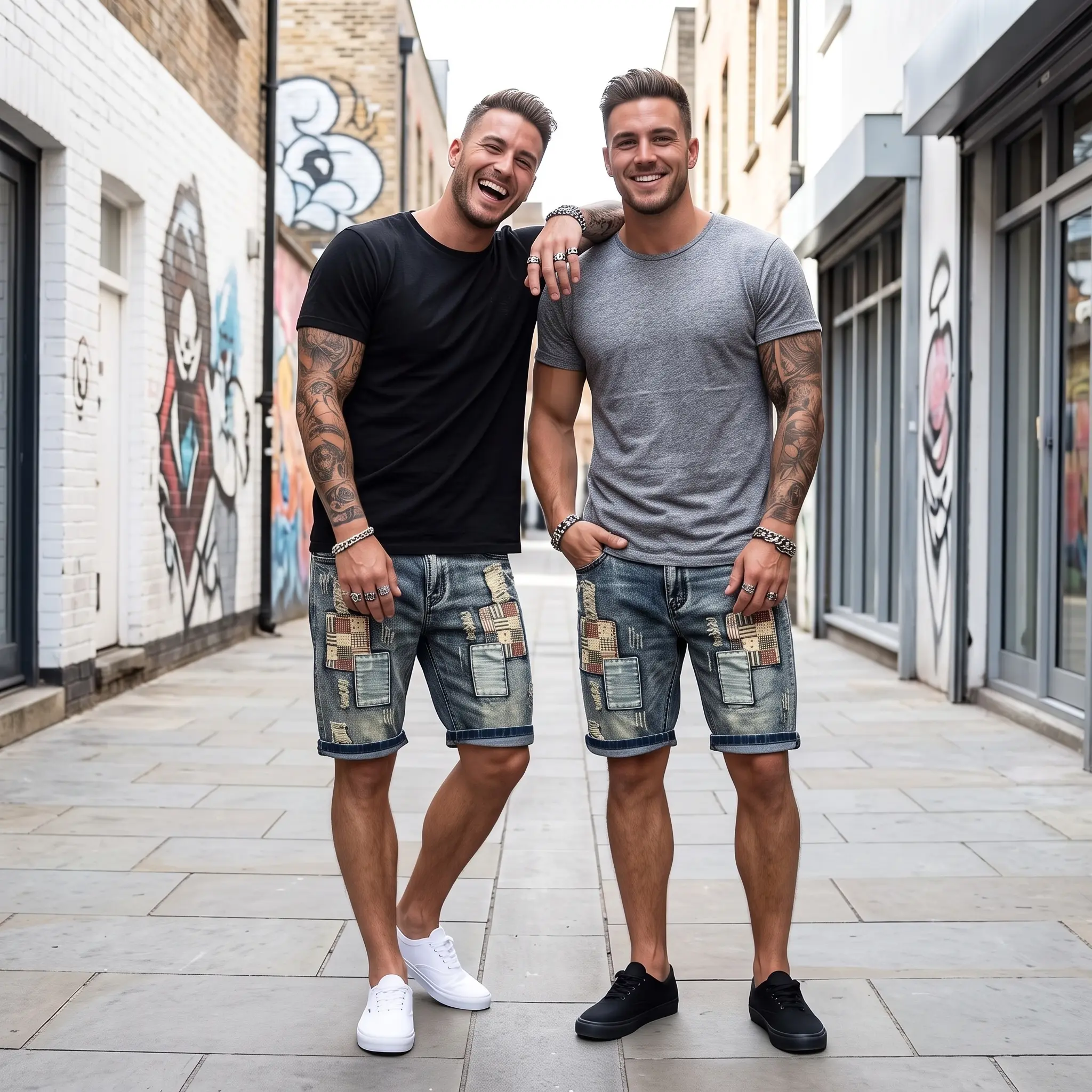 Men's Multi-Panel Plain Denim Cutoffs - Relaxed Cut Menswear Streetwear Bottoms, Torn Casual Outings Sunny Days Everyday Go-To Lower Wear