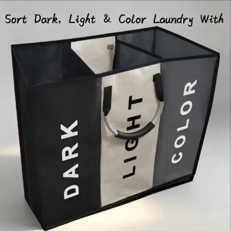 Portable laundry basket, Divided laundry hamper, laundry bin, dirty clothes basket, with aluminum handle, three-color spliced storage bag with wrist strap design: large capacity with 3 separate compartments, suitable for all room types