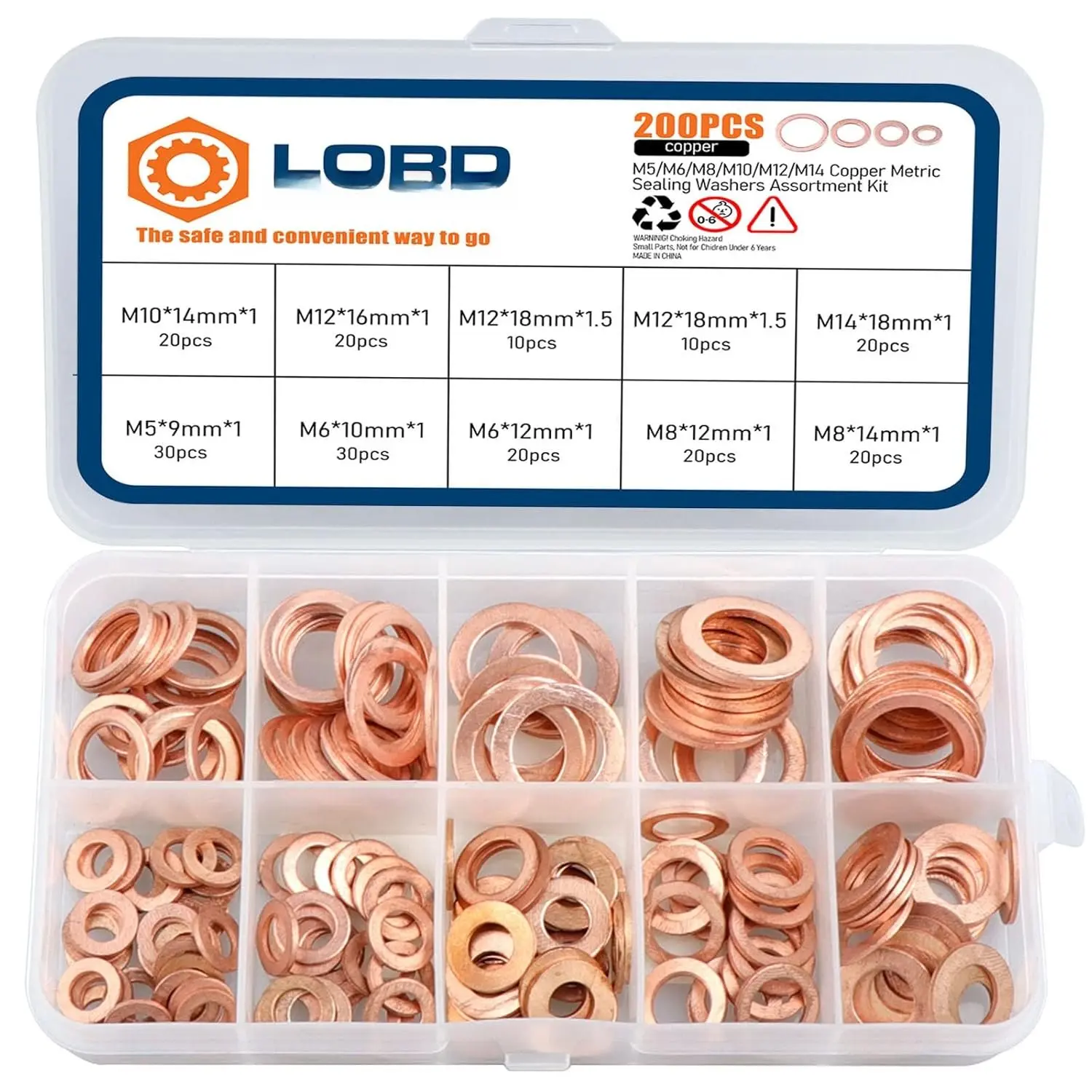 Copper Crush Metric Washers Kit - 200-Count Flat Sealing Washers (9 Sizes: M5, M6, M8, M10, M12, M14) with High Conductivity, High Temperature Resistance for Hydraulic Fittings, Marine, Automotive Use