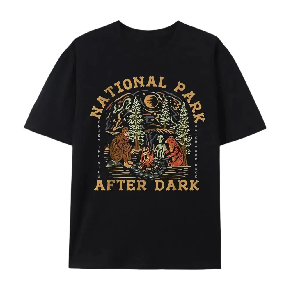 Women's Short-Sleeve Graphic T-Shirt - Campfire Art, Whimsical Print, Relaxed Cut Funny National Park After Dark Casual Outdoor Sports Top