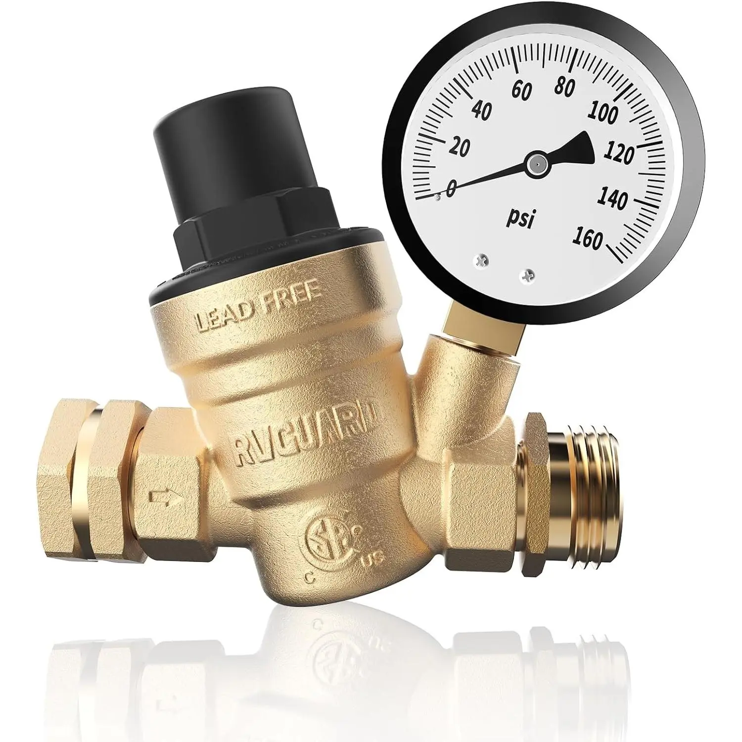Water Pressure Regulator Valve, CSA Approved, Lead-Free Brass Adjustable Water Pressure Reducer with Gauge and Inlet Screen Filter for RV Camper Travel Trailer