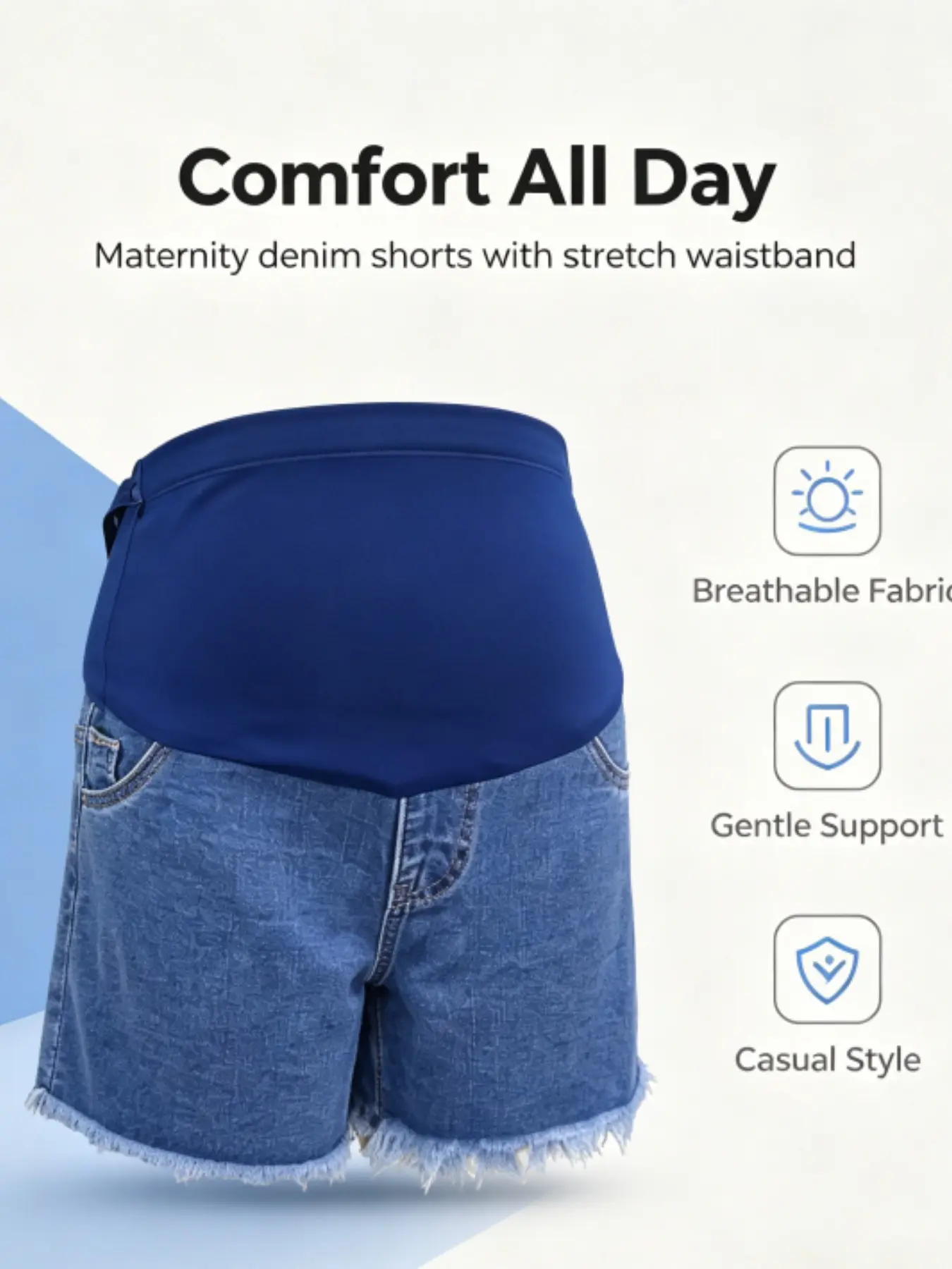 Blue Pregnant Loose Denim Shorts, Belly Support Pants, Lightweight Summer Wear, Fashionable Fuzzy Hem, Ideal for Home and Strolls
