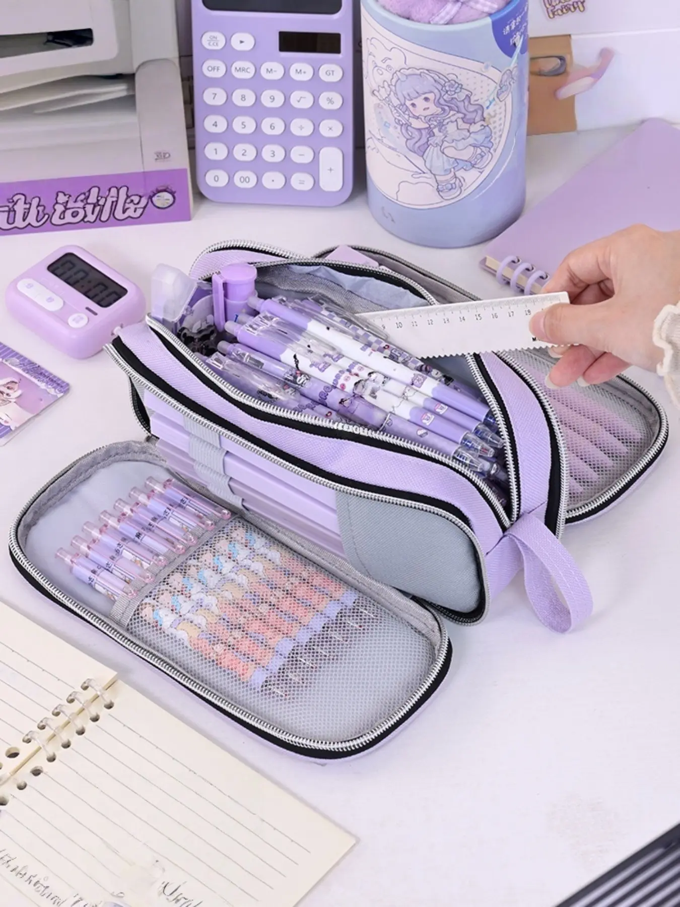 8-Layer Large Capacity Pencil Case, 180° Open Multi-Compartment Oxford Stationery Bag, Portable Waterproof Zippered Pen Holder for Teens