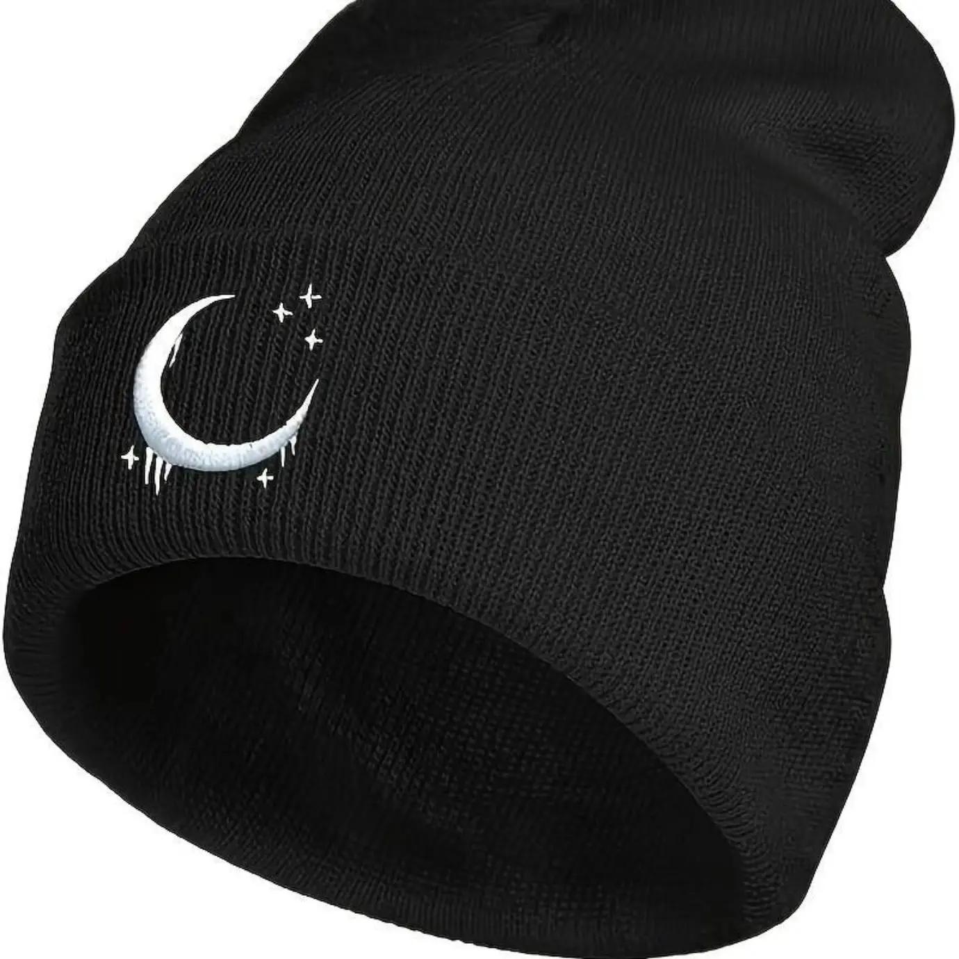 Unisex Warm Knitted Gothic Black Beanie Hat - Skull Cap with Crescent & Stars Embroidery, Ideal for Winter & Casual Wear, Fashion Accessories Gift Option