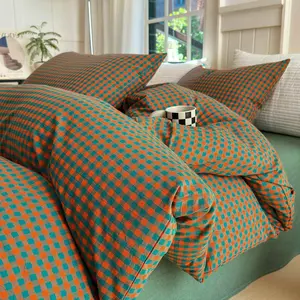 Gingham Comforter Set Full Style Orange Green Grid Comforter Soft 3 Pieces Checkered Pattern Comforter Set Farmhouse Gingham Bedding Comforter with 2 Pillowcases
